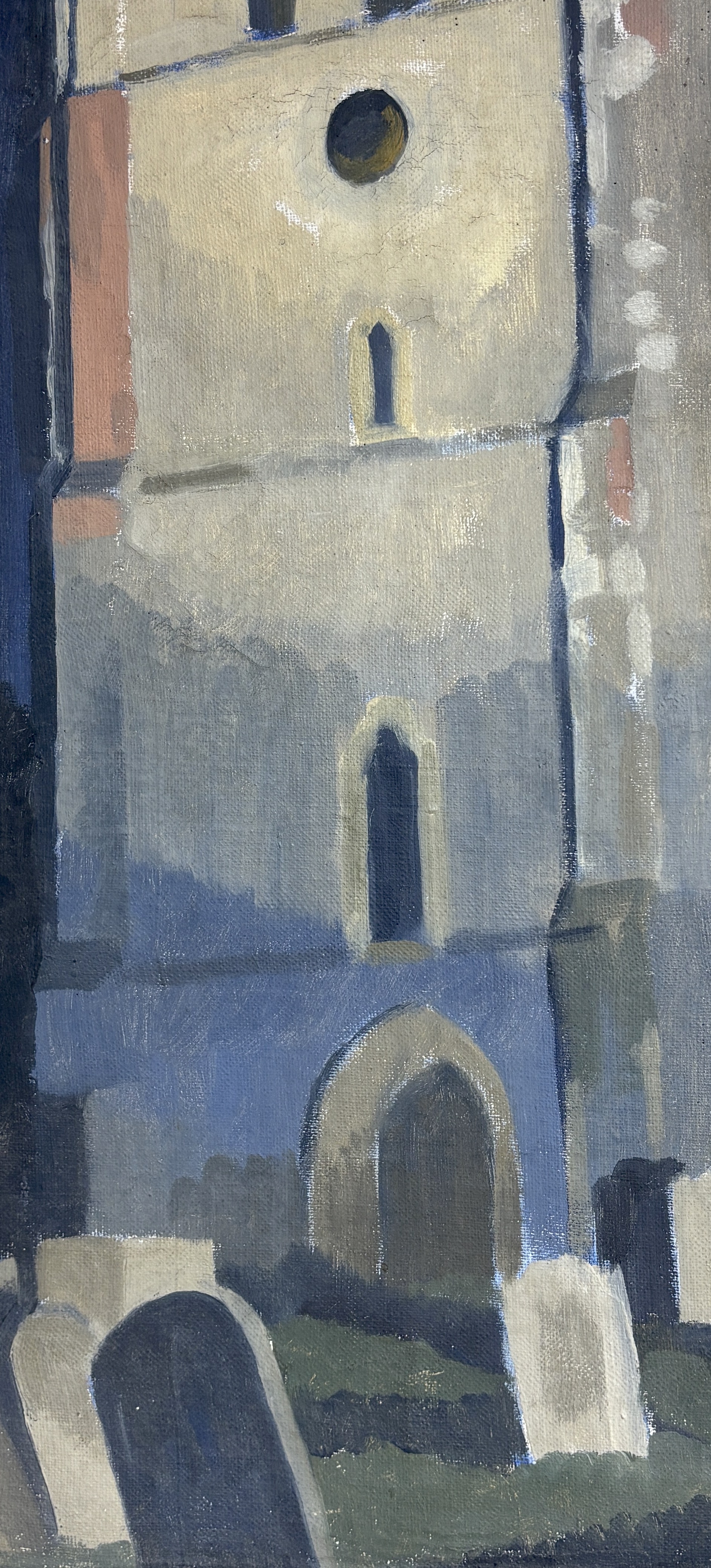 Roland Sherwin, oil on canvas, Meopham Church, unsigned, inscribed verso, 47 x 22cm